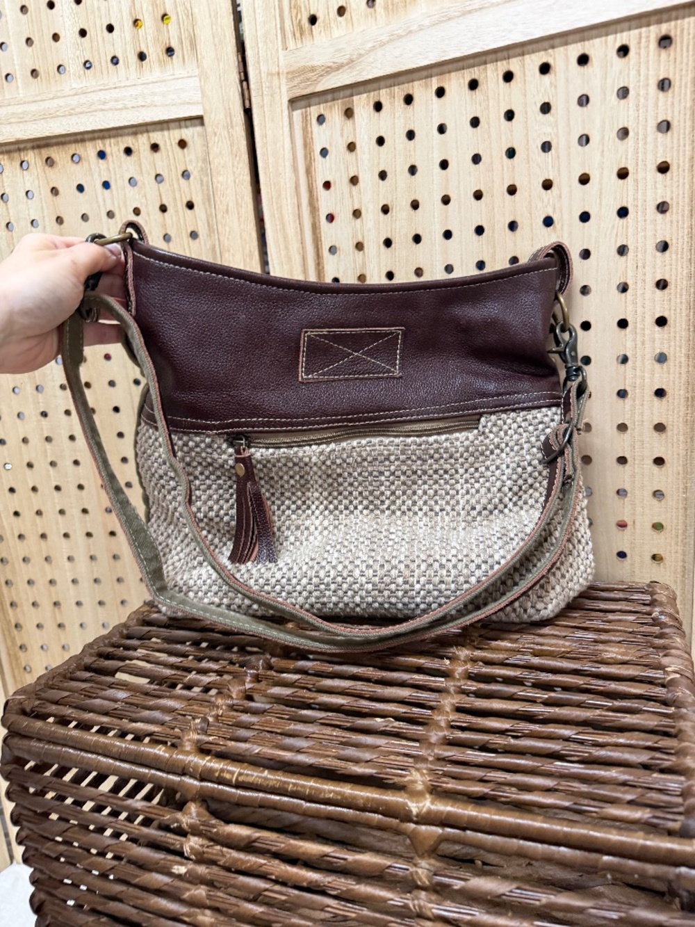 Myra Bag Woven Canvas & Leather Boho Slouch Crossbody Purse - Picture 12 of 12